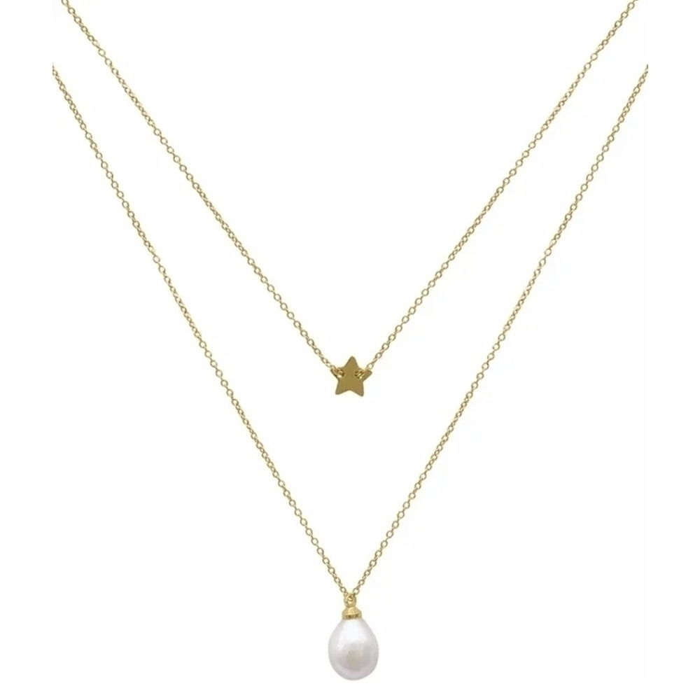 14K Gold Plated Star & Baroque Pearl Layered Necklace